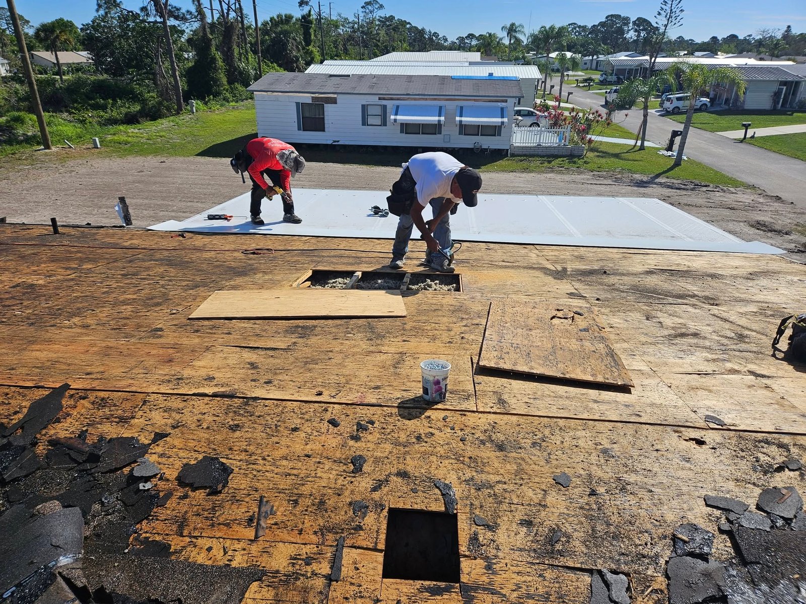 Roof repair work in progress
